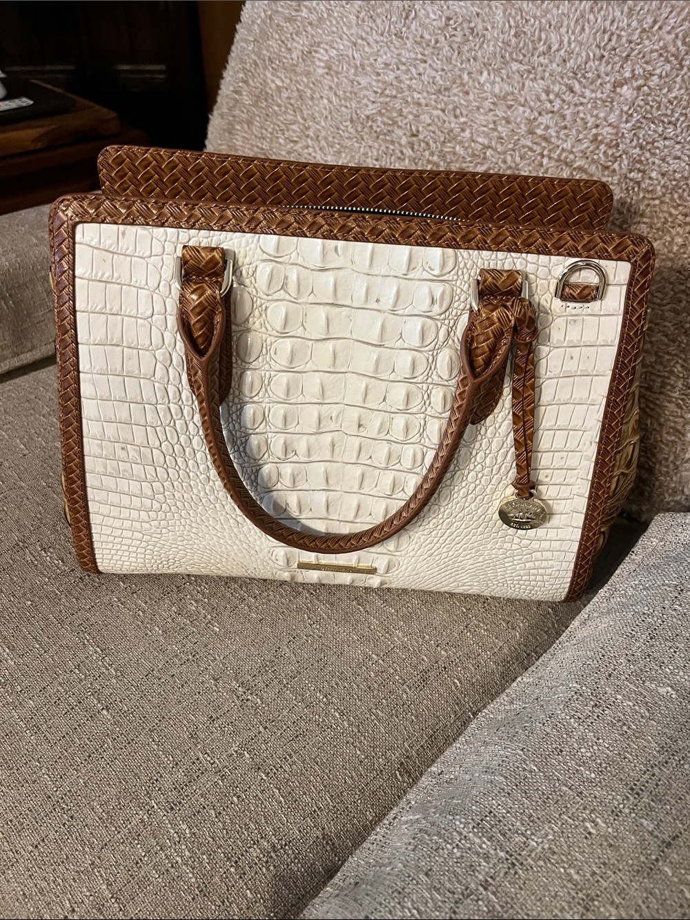 White and Brown Croc-Embossed Tote Handbag
